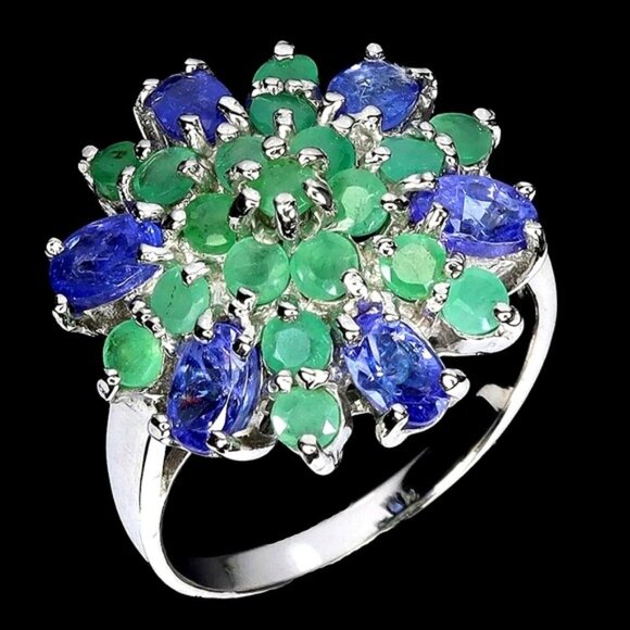 925 Sterling Silver Ring Sz 7.75 with Natural Tanzanite &  Emerald Gemstones - Picture 2 of 3